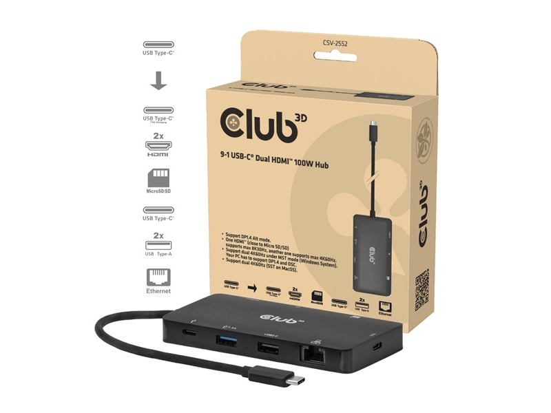 Club 3D CSV-2552 USB Hub, 2xUSB-C, 2xUSB-A, 2xHDMI, RJ45, SD