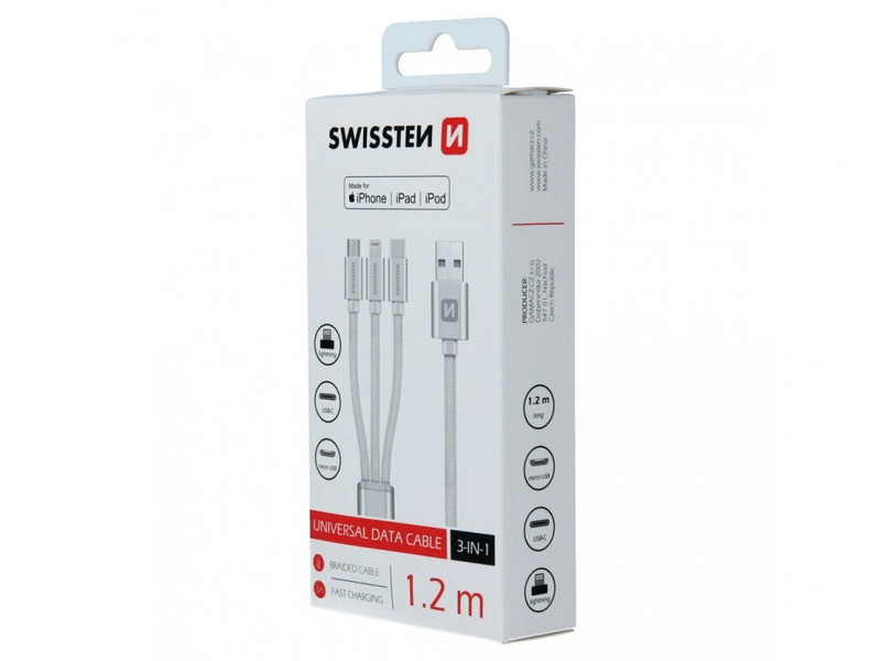 Swissten USB-A/ lightning MFI- microUSB-USB-C Kábel 1,2m, ezüst (72501102)