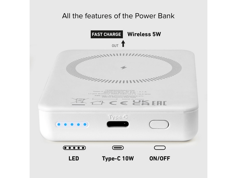 SBS TEBB5000MAG1CW PowerBank, bežično punjenje, 5000mAh, 10W, bijela