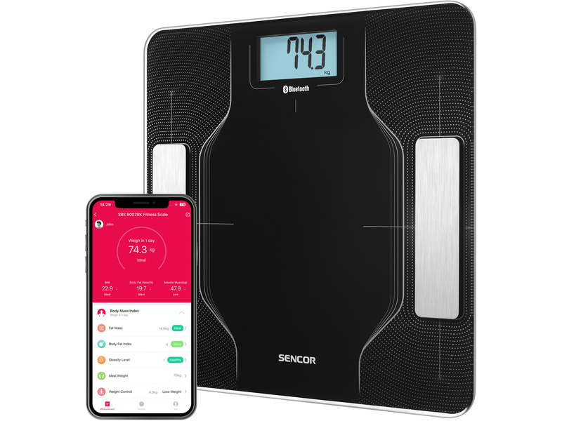Okos személymérleg, 180kg-ig, fekete