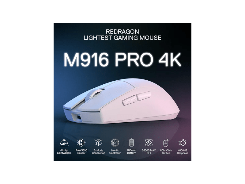 Redragon M916 Pro 4K Wireless Bluetooth Gaming miš, bijeli