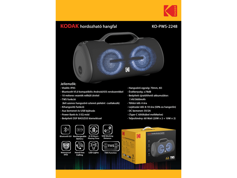 Kodak KO-PWS-2248 hordozható hangszóró, fekete