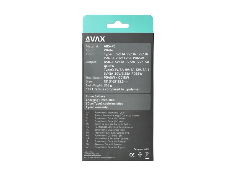 Avax PB202W Vitality Type-C Powerbank, 20000 mAh