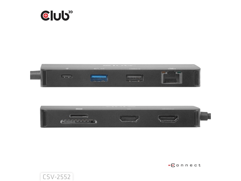 Club 3D CSV-2552 USB Hub, 2xUSB-C, 2xUSB-A, 2xHDMI, RJ45, SD