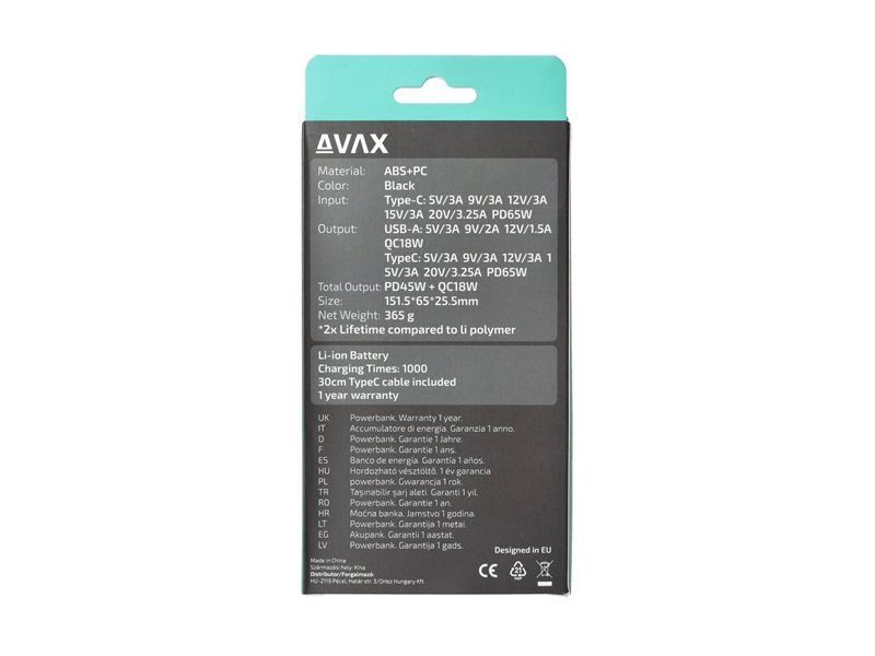Avax PB202B Vitality Type-C Powerbank, 20000 mAh