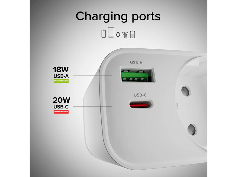SBS Schuko 30W Többaljzatos töltő, fehér (TETRPLUG1USB1CPD20)