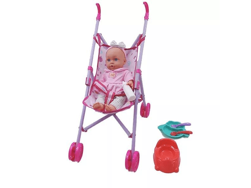 Játékbaba babakocsival és kiegészítőkkel, masnis fejpánttal, 35 cm (WZB108-12)