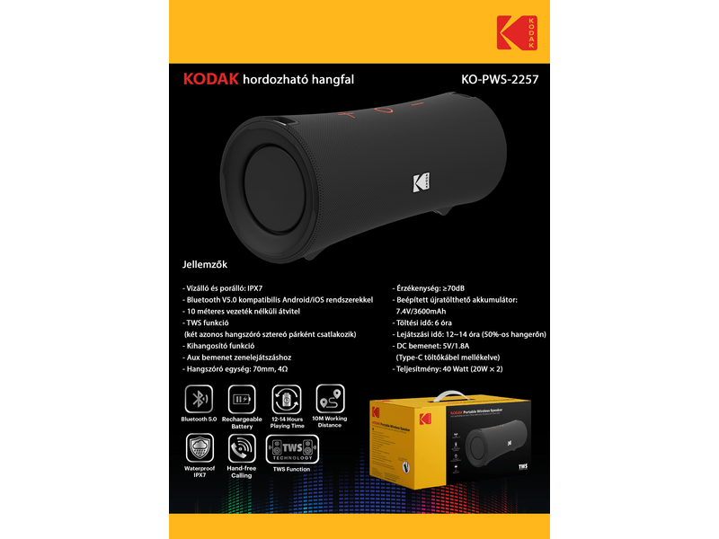 Kodak KO-PWS-2257 hordozható hangszóró, fekete