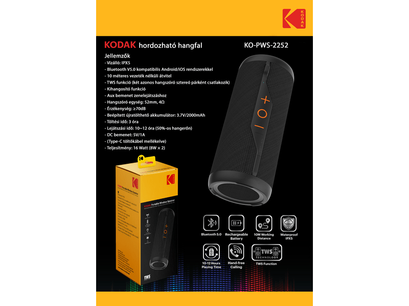 Kodak KO-PWS-2252 Hordozható hangszóró, fekete
