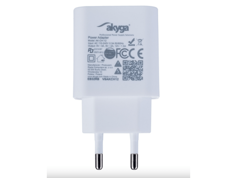 Akyga USB Töltő AK-CH-12 USB-A + USB-C PD 5-12V / max. 3A 18W Quick Charge 3.0