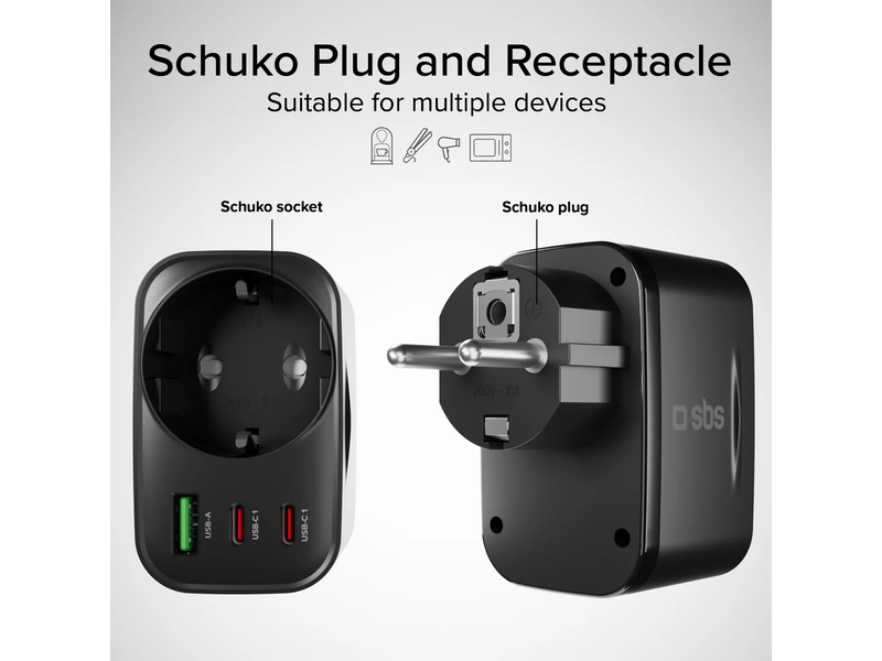 SBS Schuko 30W Többaljzatos töltő (TETRPLUG1USB2CPD30)