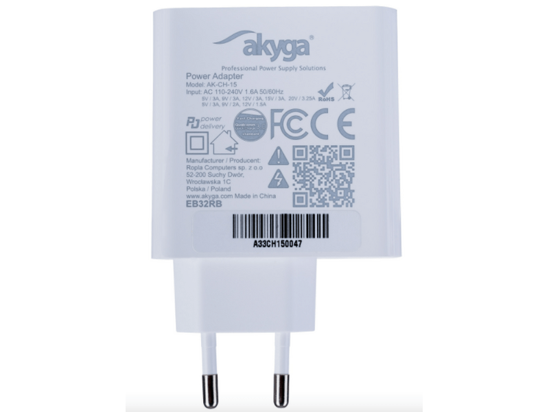 AKYGA Töltő AK-CH-15 USB-A + USB-C PD 5-20V / max. 3.25A 65W Quick Charge 3.0