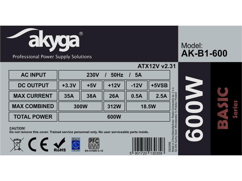 Akyga ATX AK-B1-600 600W Tápegység