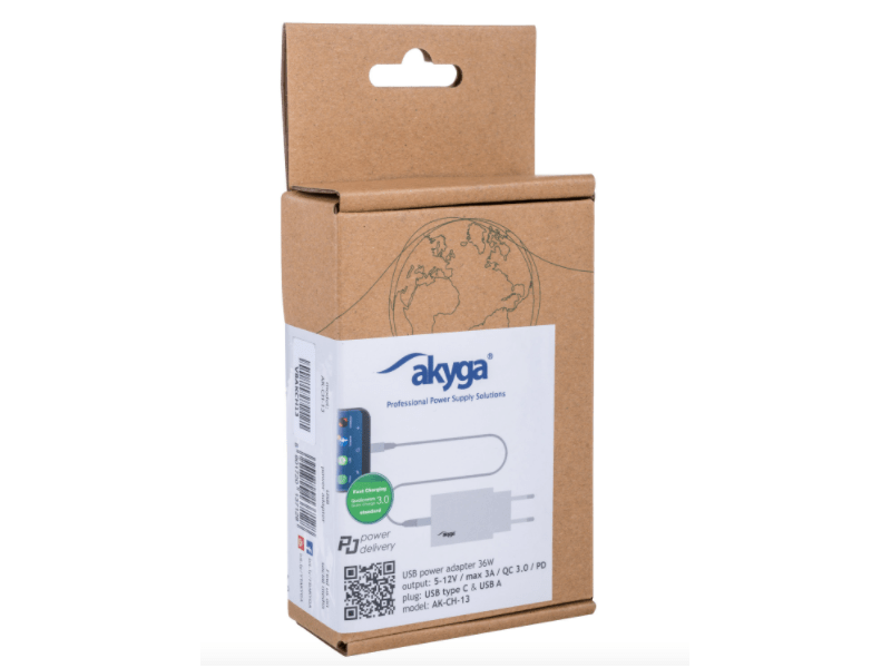 Akyga USB Töltő AK-CH-13 USB-A + USB-C PD 5-12V / max. 3A 36W Quick Charge 3.0