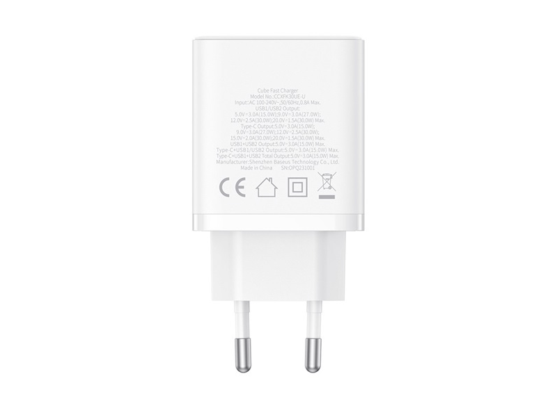 Baseus Cube 30W hálózati gyorstöltő, fehér (P10111402213-00)