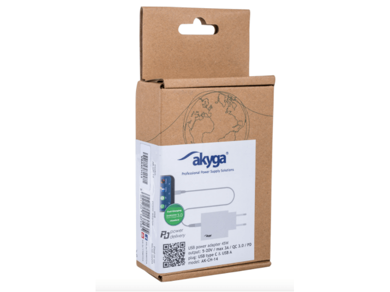 Akyga Töltő AK-CH-14 USB-A + USB-C PD 5-20V / max. 3A 45W Quick Charge 3.0