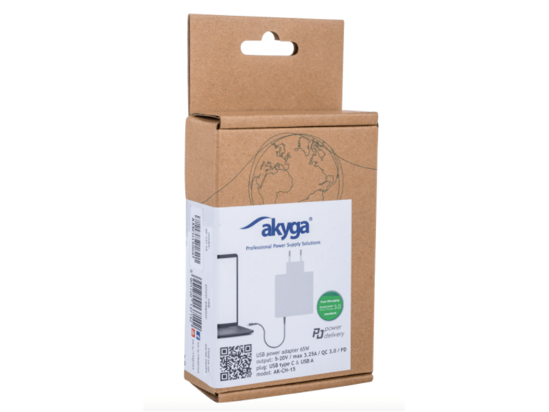 AKYGA Töltő AK-CH-15 USB-A + USB-C PD 5-20V / max. 3.25A 65W Quick Charge 3.0