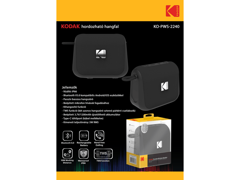 Kodak KO-PWS-2240 hordozható hangszóró, fekete