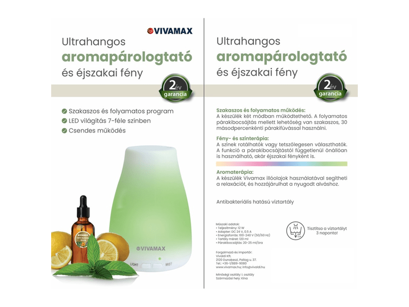 Aroma diffúzorés éjszakai fény