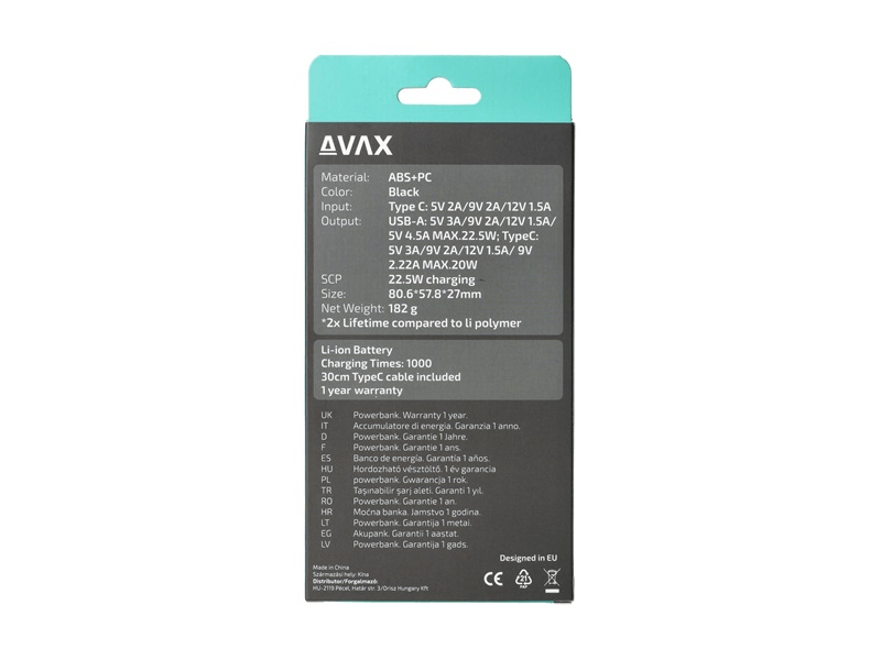 Avax PB105B Mini USB-C Powerbank, 20 W,10000 mAh