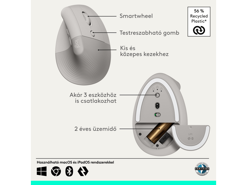 Logitech Lift vertikális egér, homokszín (910-007771)