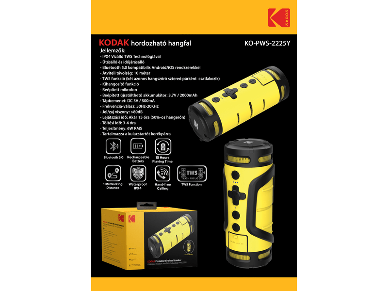Kodak KO-PWS-2225Y hordozható hangszóró, sárga/fekete