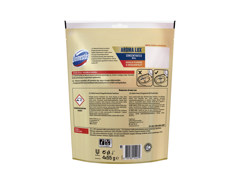 Domestos Aroma Lux Dahlia Flower & Dragon Fruit WC-rúd, 4 x 55 g