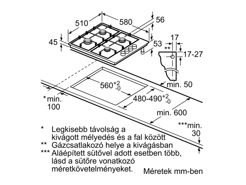 Bosch PBP6B5B80H Beépíthető gáz főzőlap