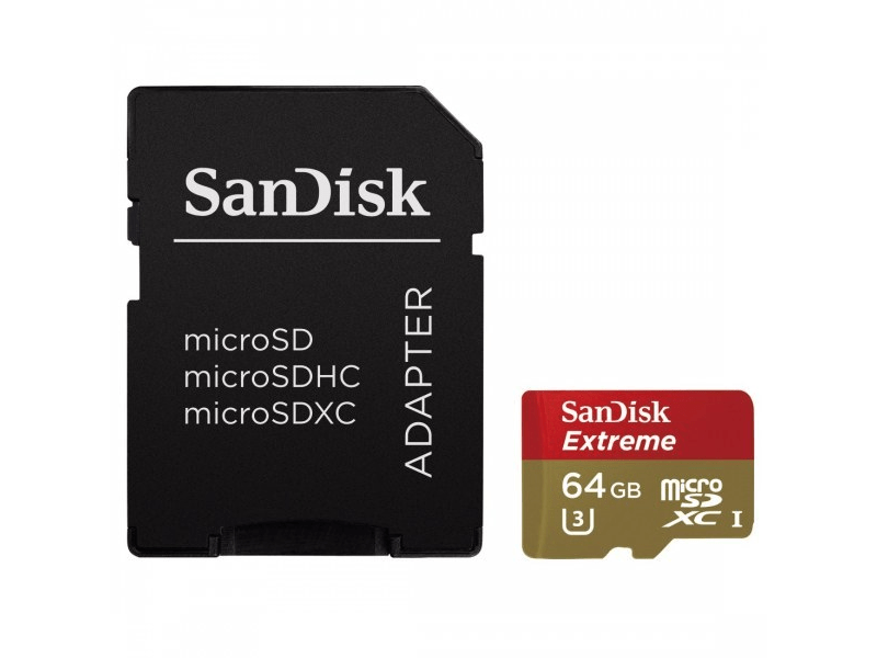 SanDisk micro SDXC Extreme kártya 64GB + Adapter, Class 10, UHS-I, U3, 90MB/sec.