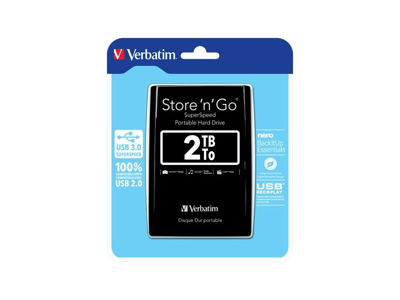 VERBATIM HV2TMUF HDD, 2TB, USB 3.0, fekete