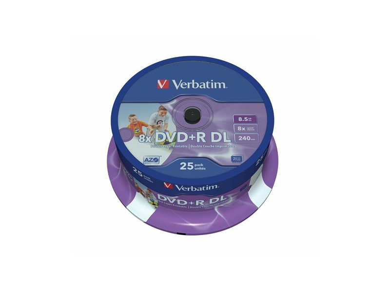 VERBATIM DVDV+8DLB25N DVD+R lemez, kétrétegű, nyomtatható, no-ID, 8,5GB, 8x, hengeren