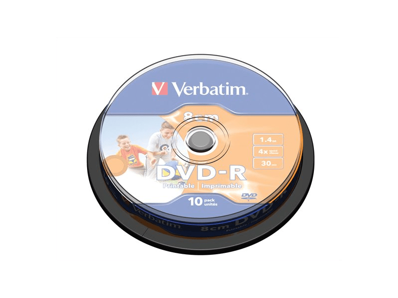 Verbatim DVD-R mini lemez, 8 cm, nyomtatható, no-ID, 1,4GB, 4x, hengeren (DVDV-48CM)