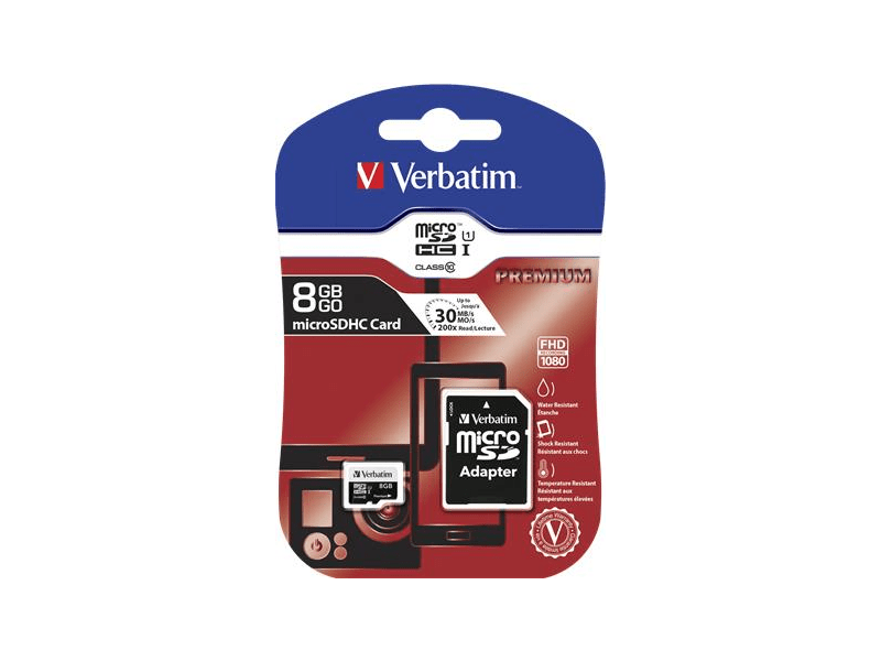 VERBATIM Micro SDHC, 8GB, Class 10, adaterrel (44081)