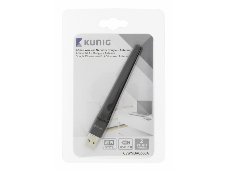 König Vezeték Nélküli USB-adapter AC600 2.4/5 GHz (Dual Band) Wi-Fi Fekete (CSWNDAC600A)