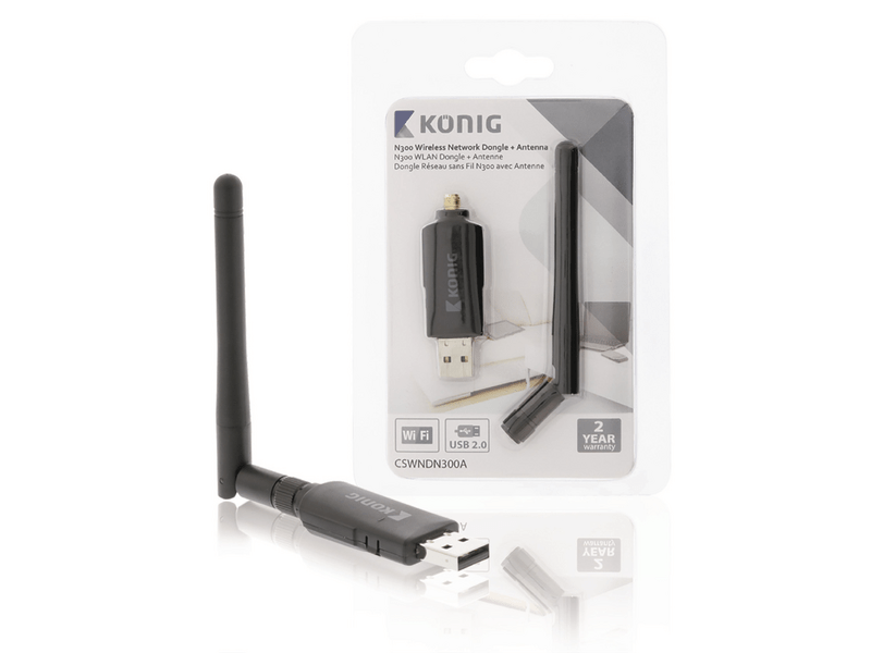 König Vezeték Nélküli USB-adapter N300 2.4 GHz Wi-Fi Fekete (CSWNDN300A)