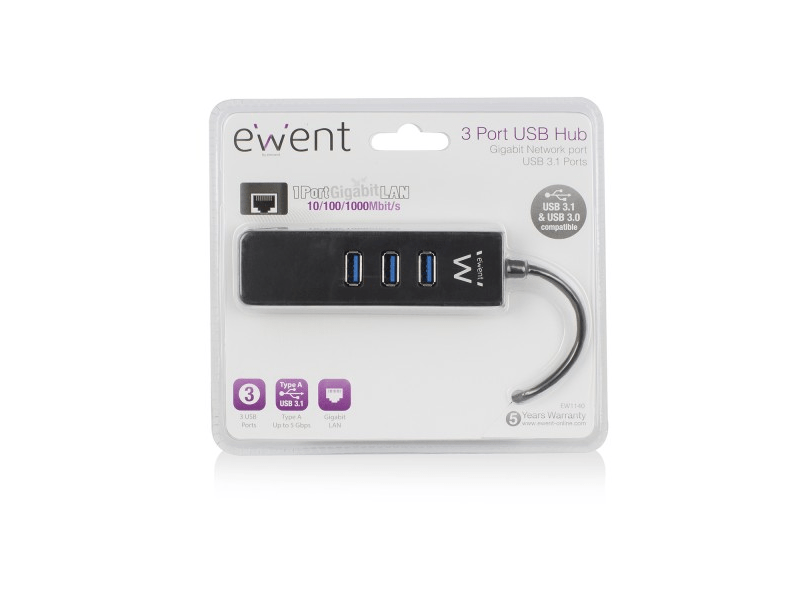 Ewent 3 Portos USB 3.1 Gen1 (USB 3.0) Hub, Gigabit hálózati porttal (EW1140)
