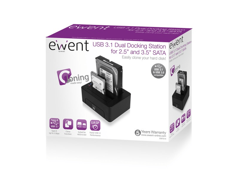 Ewent Dualis Dokkolóállomás USB 3.1 Gen1 (USB3.0) 2.5 and 3.5 inch-es SATA HDD/SSD-hez (EW7014)