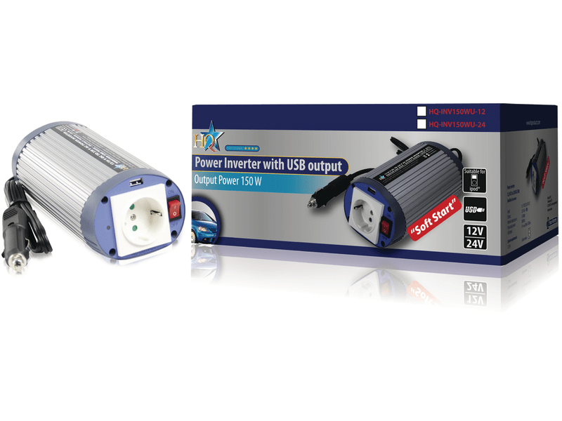 HQ Inverter módosított szinusz 24 VDC - AC 230 V 150 W F (CEE 7/3) / USB (HQ-INV150WU-24)