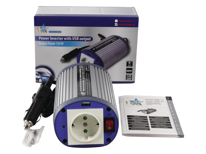 HQ Inverter módosított szinusz 24 VDC - AC 230 V 150 W F (CEE 7/3) / USB (HQ-INV150WU-24)