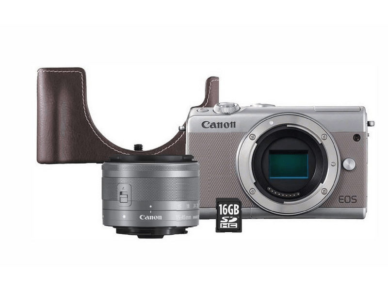 CANON EOS M100 szürke + EF-M 15-45 mm IS STM + EH31FJ tok + 16GB kártya Kit