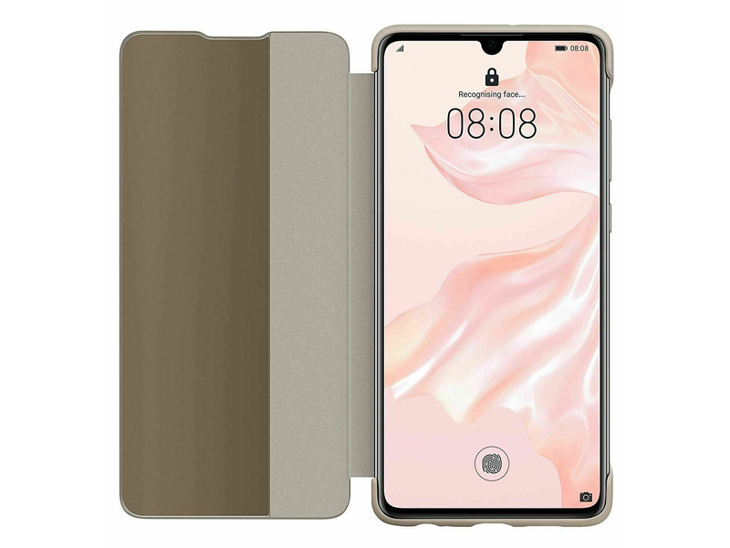 Huawei P30 Bőr Flip tok, Khaki