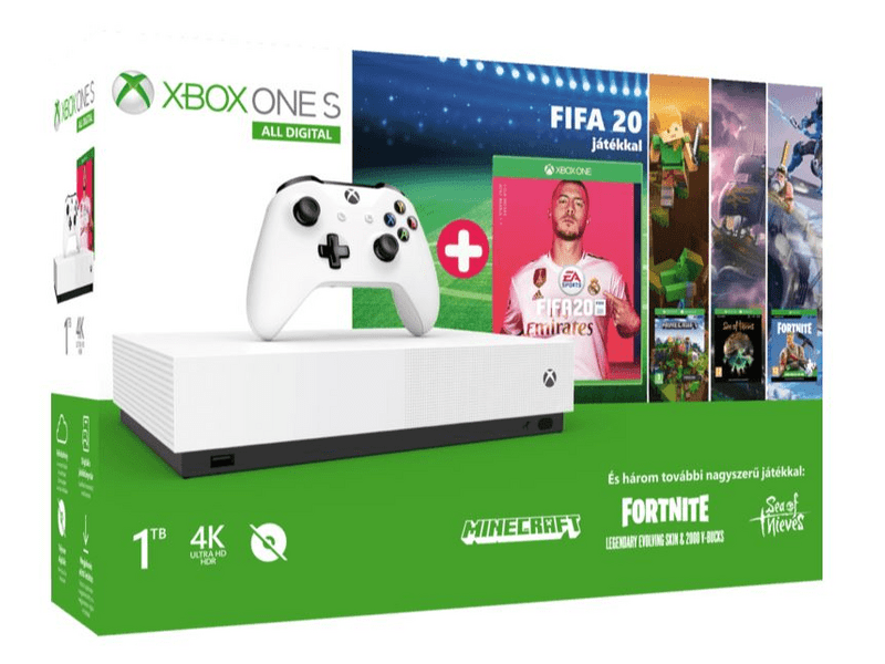 Xbox One S 1TB All Digital + FIFA 20 + Minecraft + Sea of Thieves letöltőkód + Fortnite