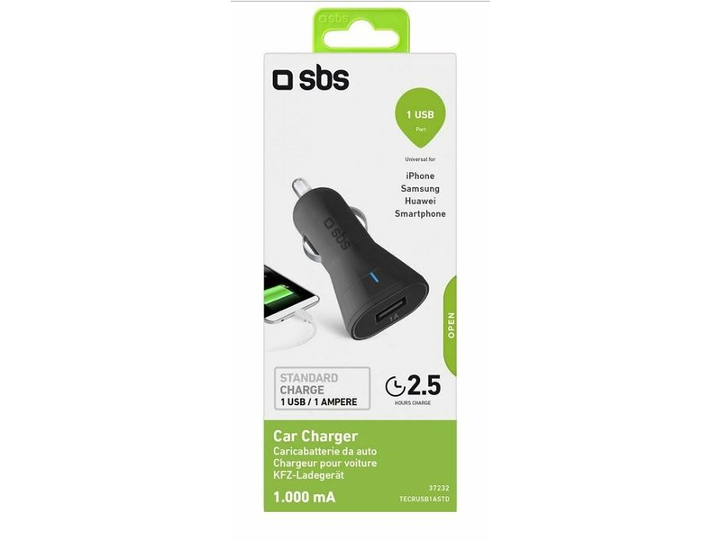 SBS 37232 Mini autós töltő 12/24V 1db USB, Fekete