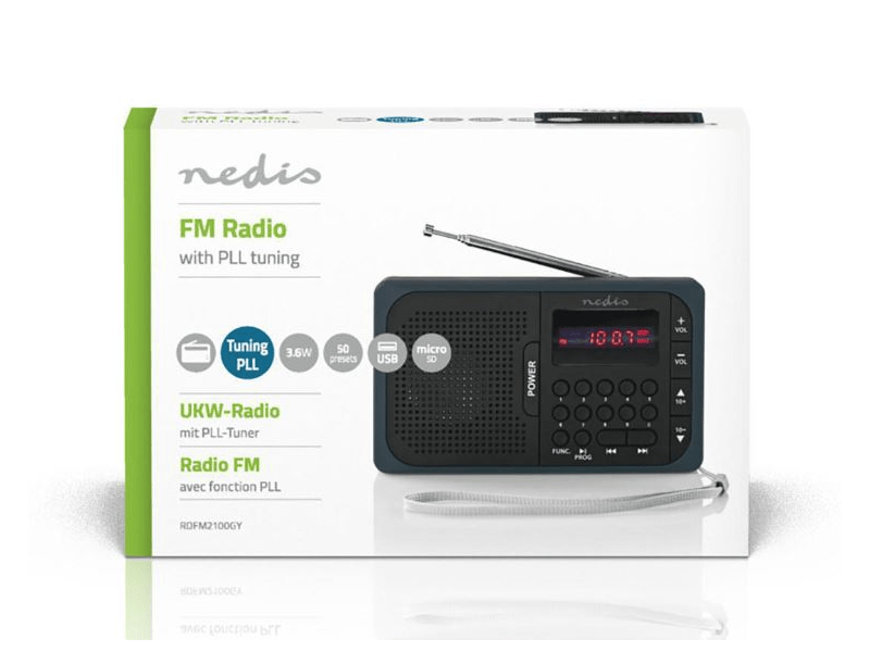 Nedis RDFM2100GY Hordozható FM rádió újratölthető akkumulátorral Fekete/szürke