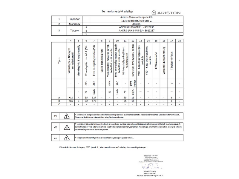 Ariston Andris Lux 6 OR Felső elhelyezésű villanybojler
