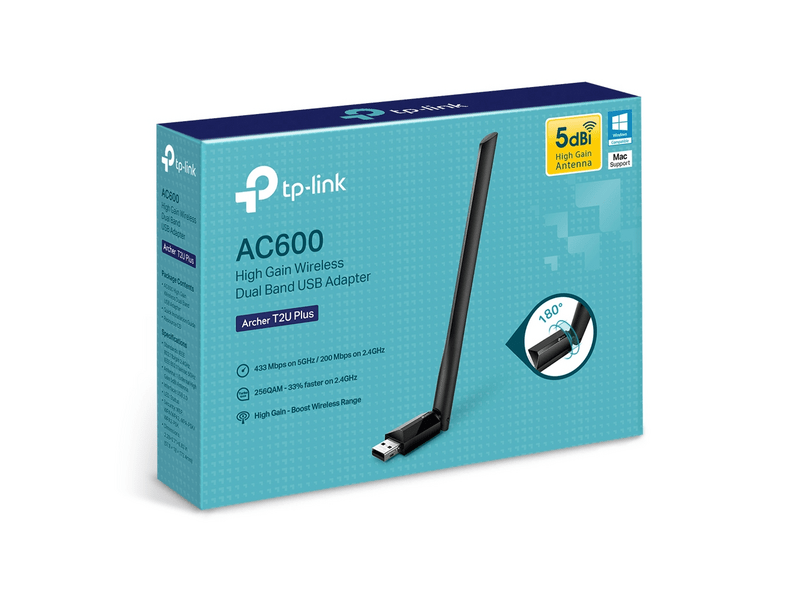 TP-Link Archer T2U Plus AC600 Vezeték Nélküli, Kétsávos, USB Adapter