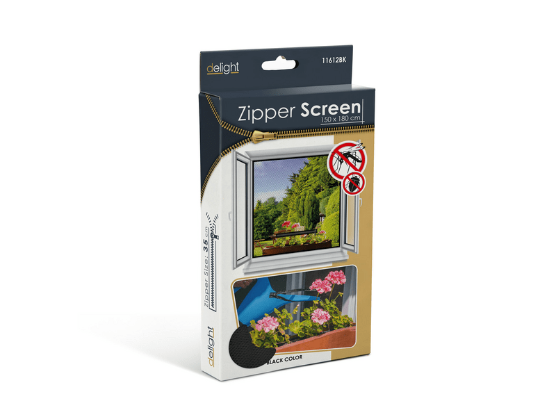 DELIGHT 11612BK Öntapadós szúnyogháló cipzáros nyílással, Fekete