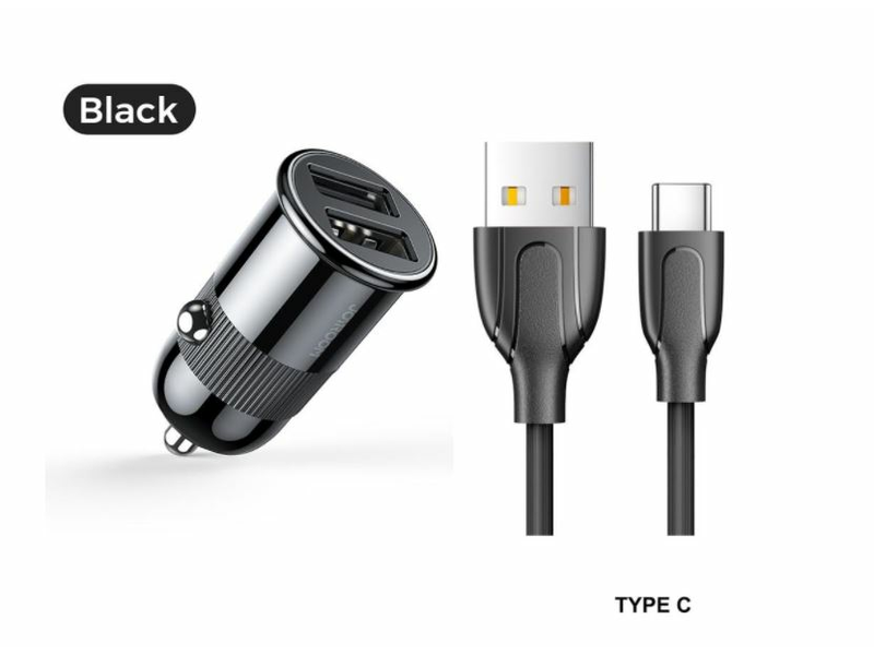 Joyroom C-A06 2xUSB Autós töltő USB-C kábellel, fekete