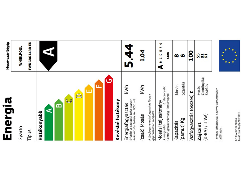 WHIRLPOOL FWDG86148B EU Elöltöltős mosó- és szárítógép