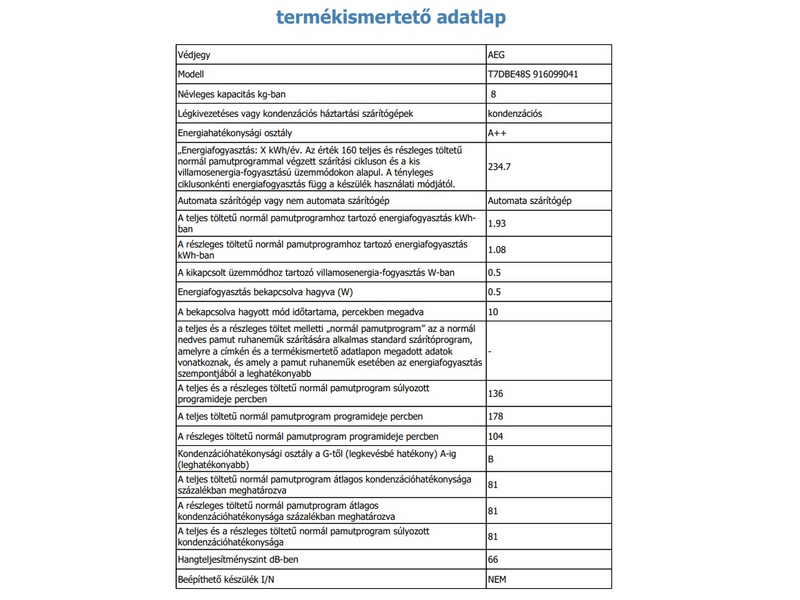 AEG T7DBE48S 8kg Hőszivattyús szárítógép